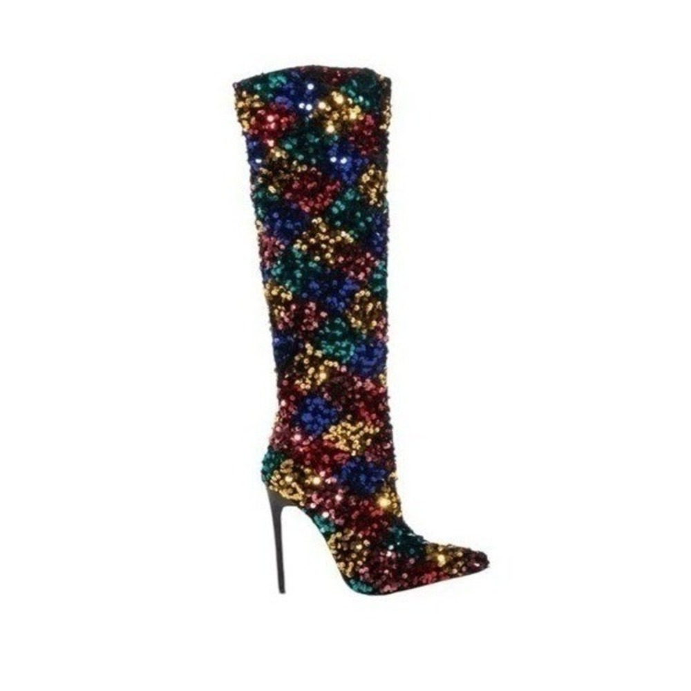 Azalea Wang‎ Jimena Heeled Boots Rainbow Multi Sequin Embellished Stiletto 7.5